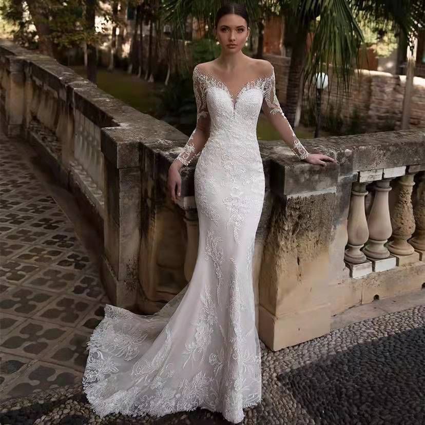 フィッシュテールウェディングドレス2025 新婦シンプル深Vネック白色eBayバックレス小トレーン旅撮りウェディングドレス