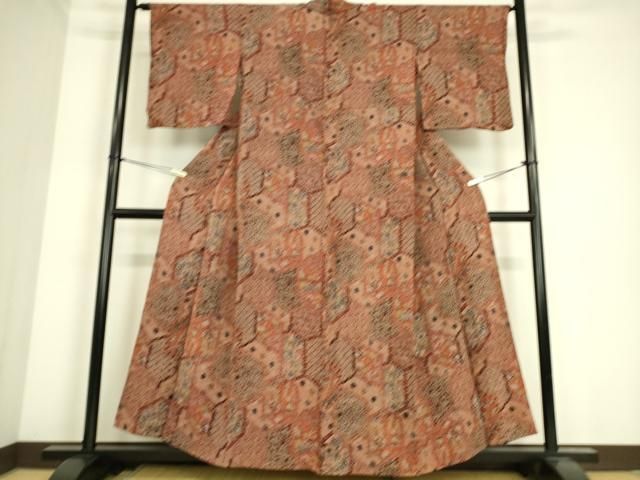 平和屋着物▽上質な小紋　単衣　亀甲花蝶文　鬼しぼ縮緬　正絹　逸品　DAAS0479az 平和屋着物▽上質な小紋 単衣 亀甲花蝶文 鬼しぼ縮緬 正絹 逸品