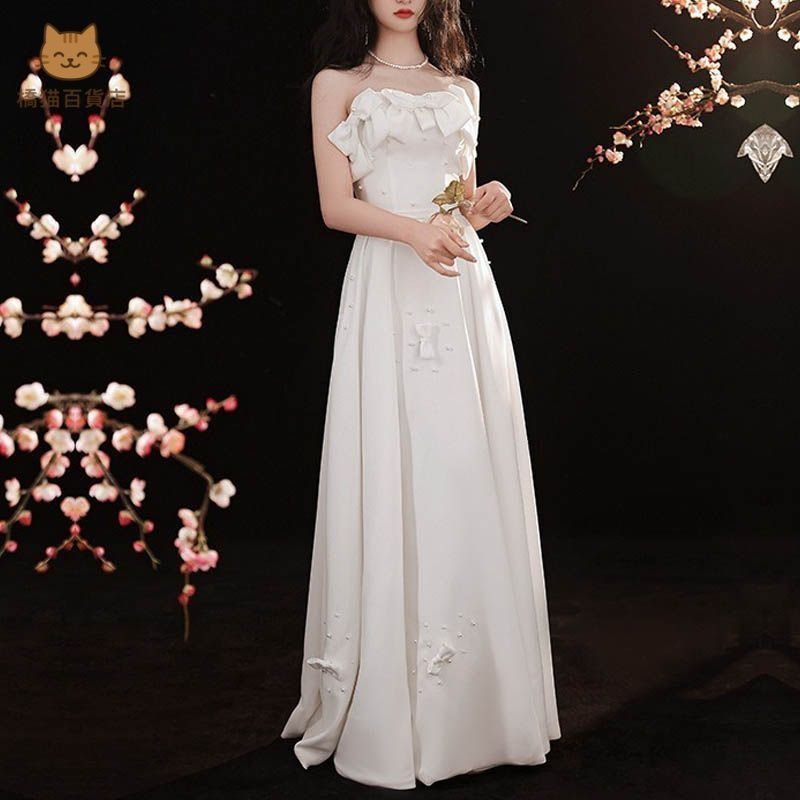ドレス リボン パール ワンピース ホワイト ロング 結婚式 韓国 新品 未使用 ウェディングドレス 結婚式 二次会 ウエディング