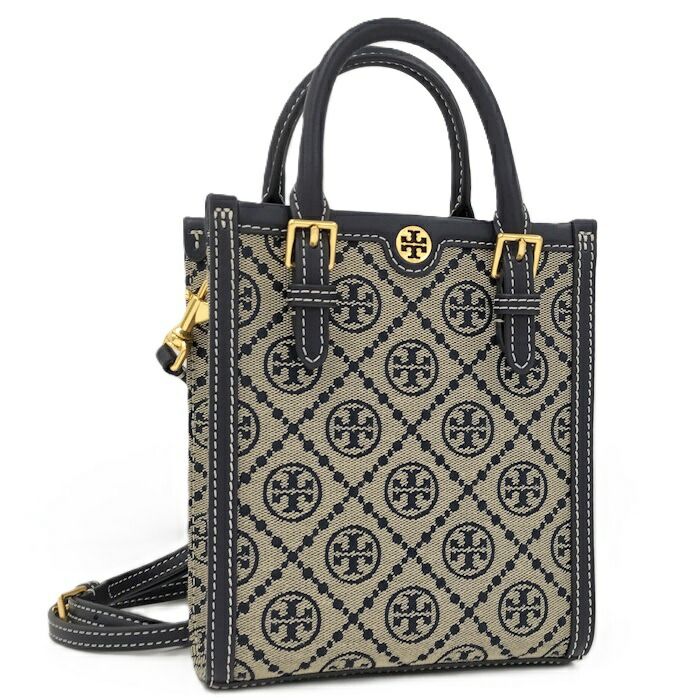 TORY BURCH ジャガード 2WAYショルダー トートバッグ レザー キャンバス ネイビー ベージュ