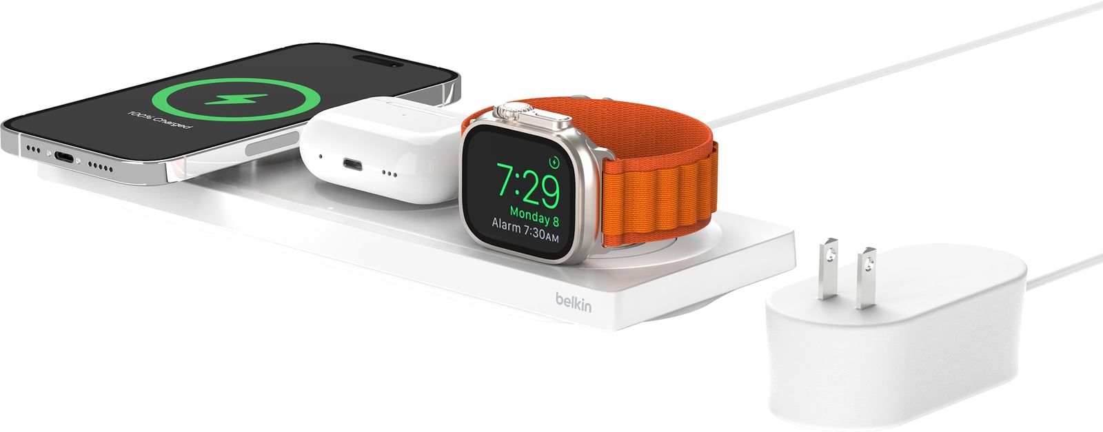 VGP 2025受賞 Belkin 3 in 1 MagSafe充電器 最大15W高速充電 ワイヤレス充電器 MagSafe公式認証 iPhone 15 | 14 | 13 | ホワイト 3 in 1充電パッド Apple Watch高速充電対応