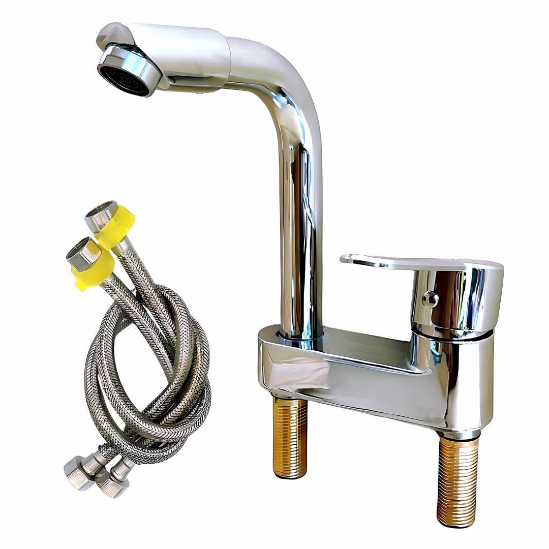 新品 洗面蛇口 混合水栓 2穴 シングルレバー 360 回転 洗面台 蛇口 交換 混合栓 キッチン おしゃれ 水栓金具 TOTO Lixil SANEI KVK 交換用 ツーホール 真鍮 (2HF02)