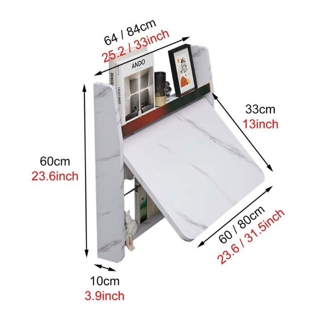 壁掛け折りたたみテーブル 長方形の木製の壁に取り付けられたドロ 64cm幅 大理石の質感のモダンでシックな折りたたみ式フローティン