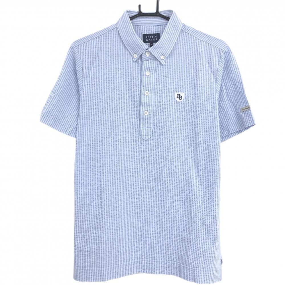 【美品】パーリーゲイツ 半袖ポロシャツ ブルー×白 ストライプ サッカー生地 ボタンダウン メンズ 6(XL) ゴルフウェア PEARLY GATES