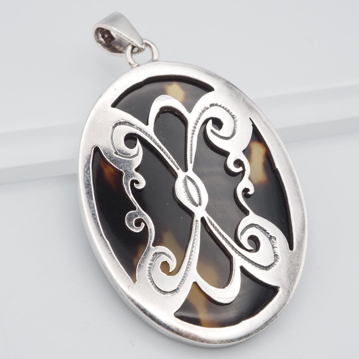 F124 鼈甲 べっ甲 925刻印 ペンダント トップ シルバー チャーム ヘッド ヴィンテージ