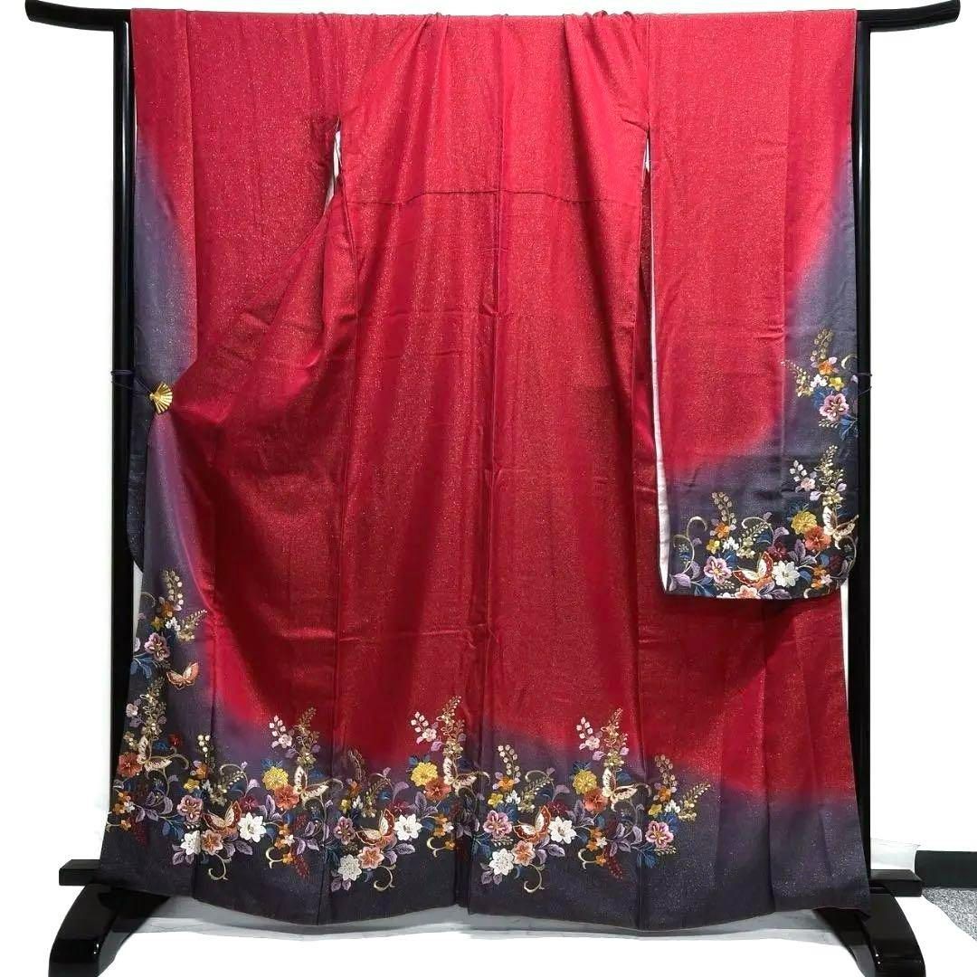 金駒刺繍 刺繍 金通し 蝶 花模様 振袖 襦袢セット 成人式 着物 022a p