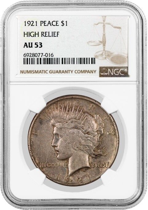 1921 High Relief $1 Silver Peace Dollar NGC AU53 About Uncirculated Key Date