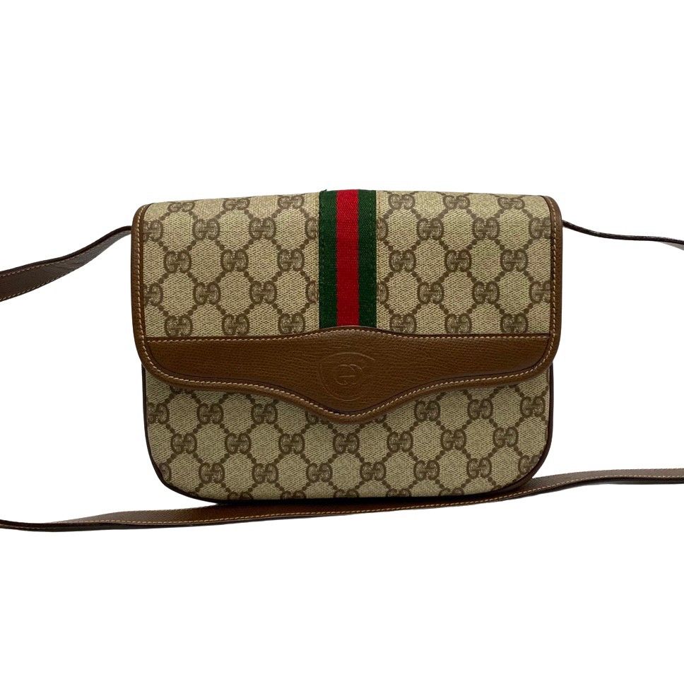 極 美品 GUCCI グッチ オールドグッチ ヴィンテージ シェリーライン GG ロゴ レザー ミニ ショルダーバッグ ポシェット ブラウン 29598