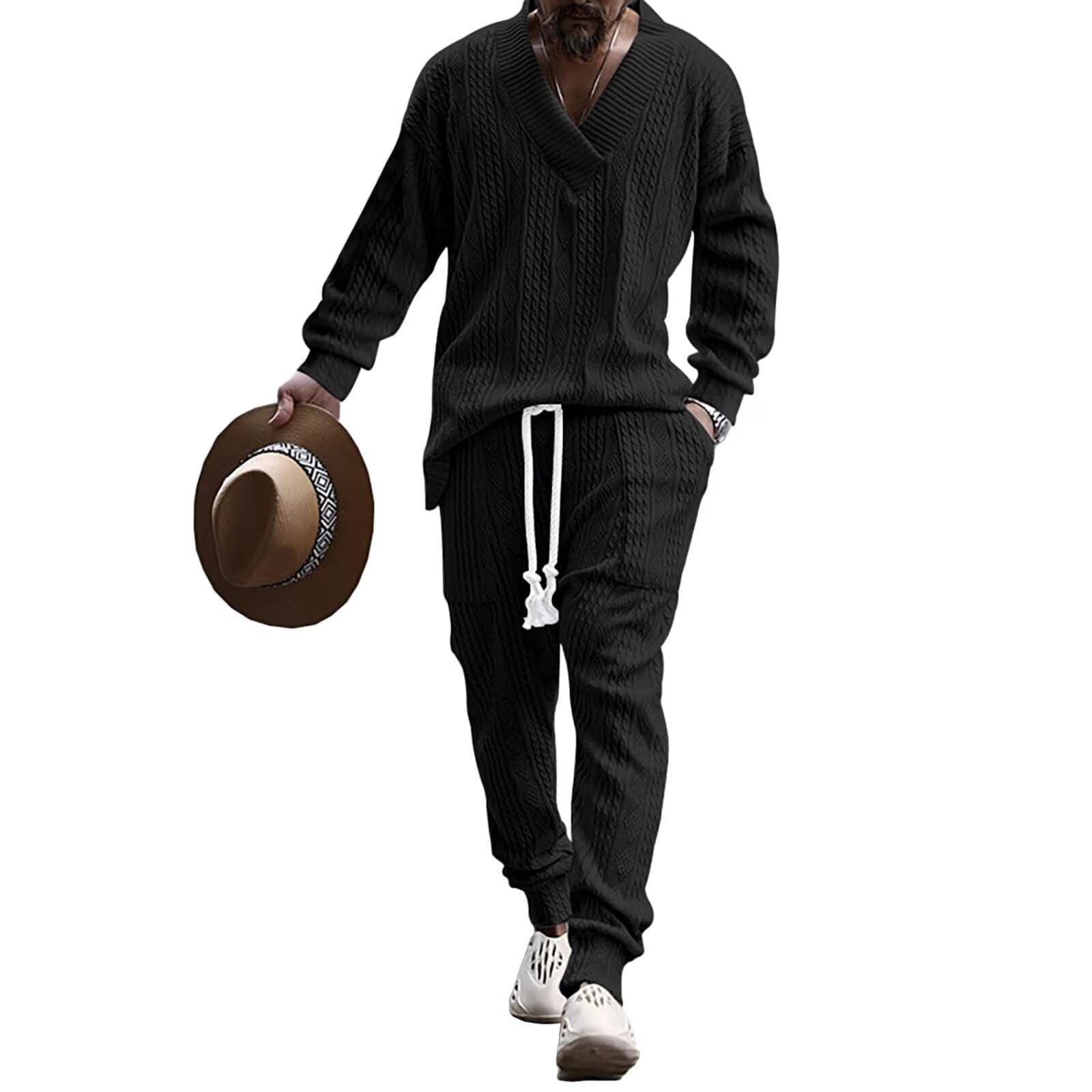 Size L_Color ブラック Anmurye ジャージ上下セット メンズ 秋服 長袖 Tシャツカットソー ロングパンツ カジュアル Vネック ビッグサイズ 快適 ウエスト 調整 無地 通気 上下スウェット