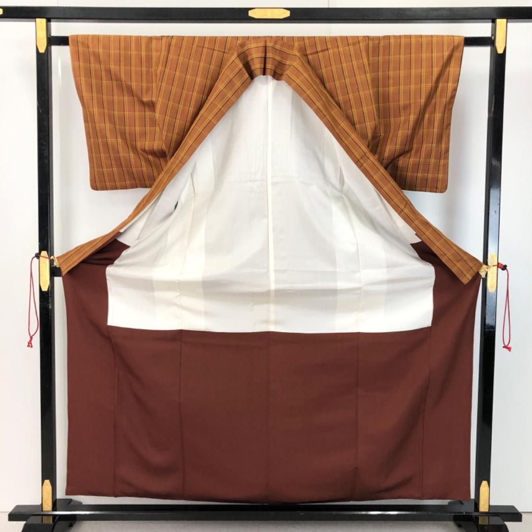 本場黄八丈 平織 証紙付 伝統工芸士 西條吉広 格子柄 濃柿色 K-5437