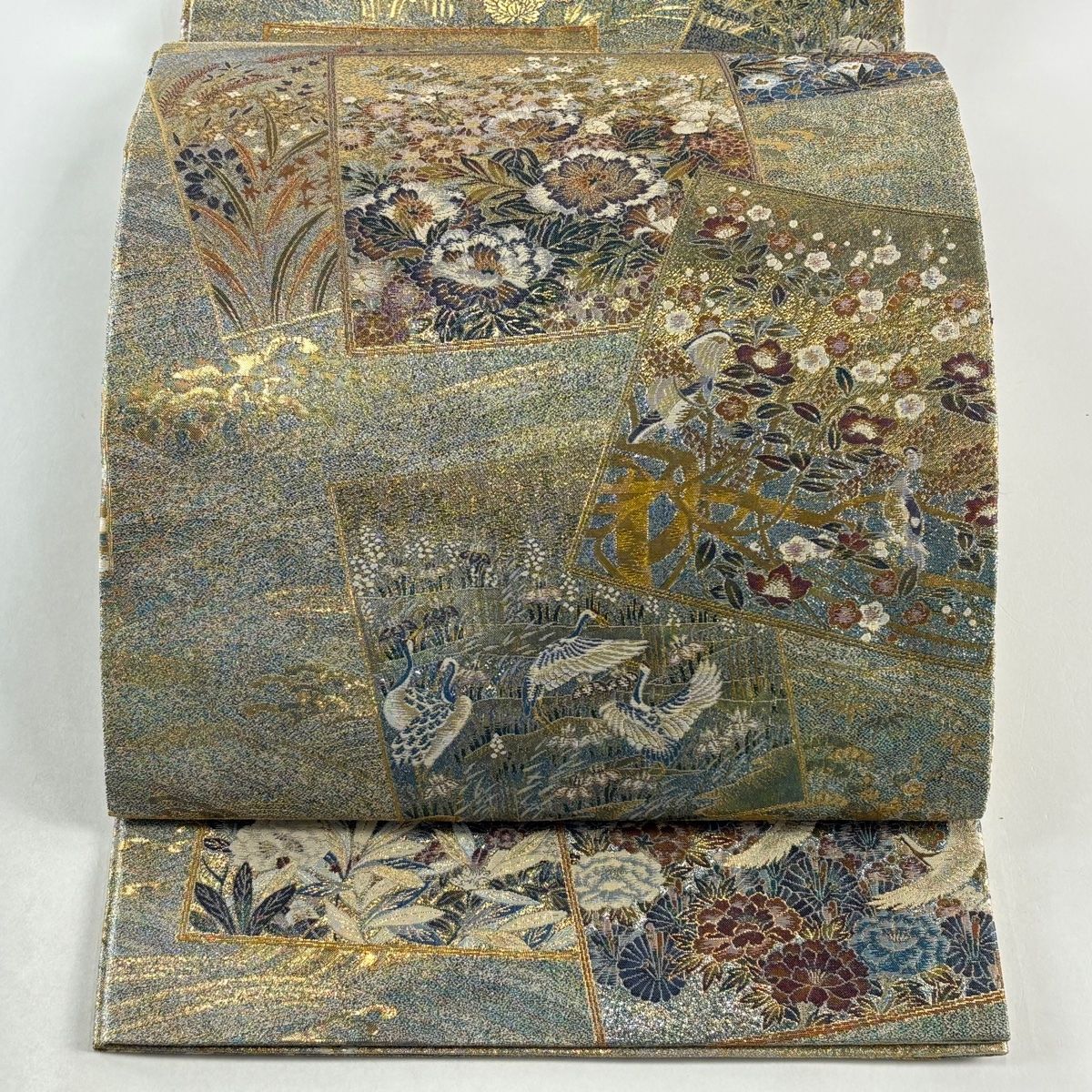 丸帯 加賀名品百選 色紙 花鳥 金糸 箔 薄緑 お太鼓柄 正絹