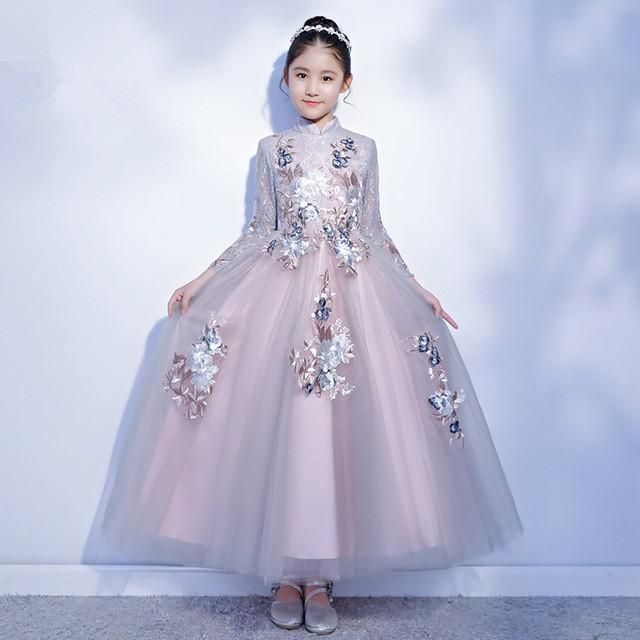 女児ドレス ロング丈ドレス フォーマル ピアノ発表会ドレス ステージ衣装 女の子 女児 チャイナドレス ピンク 子供ドレス 長袖 3タイプ 前短後短 sou 