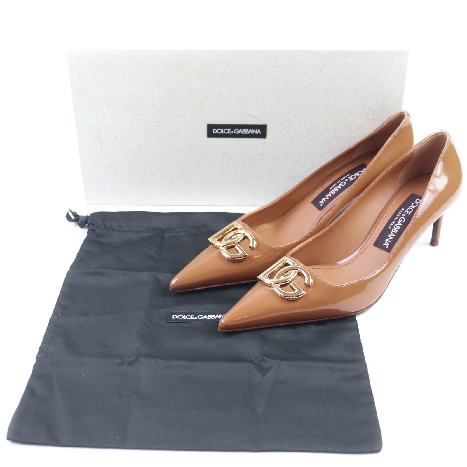 DOLCE-GABBANA ドルチェ&ガッバーナ DGバックル ポインテッドトゥ パテントレザー パンプス ブラウン ゴールド金具 37 箱 保存袋付き イタリア製 レディース