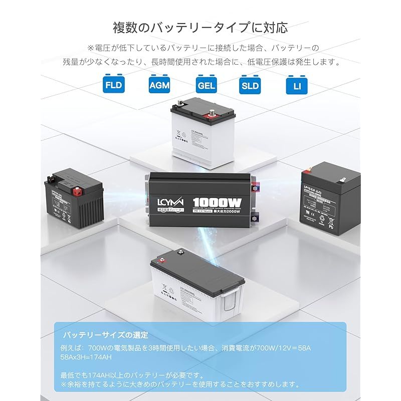 LCYMW インバーター 正弦波 12v 100v 1000w 50/60Hz切替可能 DC12V 