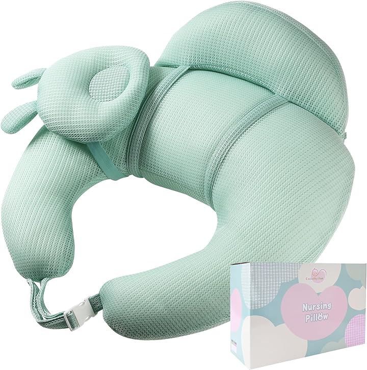 Cocorhythm 授乳クッション Nursing Pillow 助産師監修 綿 洗える 授乳用 負担軽減 ２つの補助まくら(ミントグリーン，  横幅：約60cm、奥行：約50cm、高さ：約18cm)