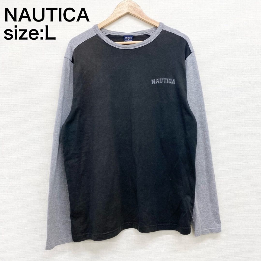 US古着 ノーティカ NAUTICA ロンT 長袖Tシャツ バイカラー ロゴ プリント メンズ L ブラック×グレー