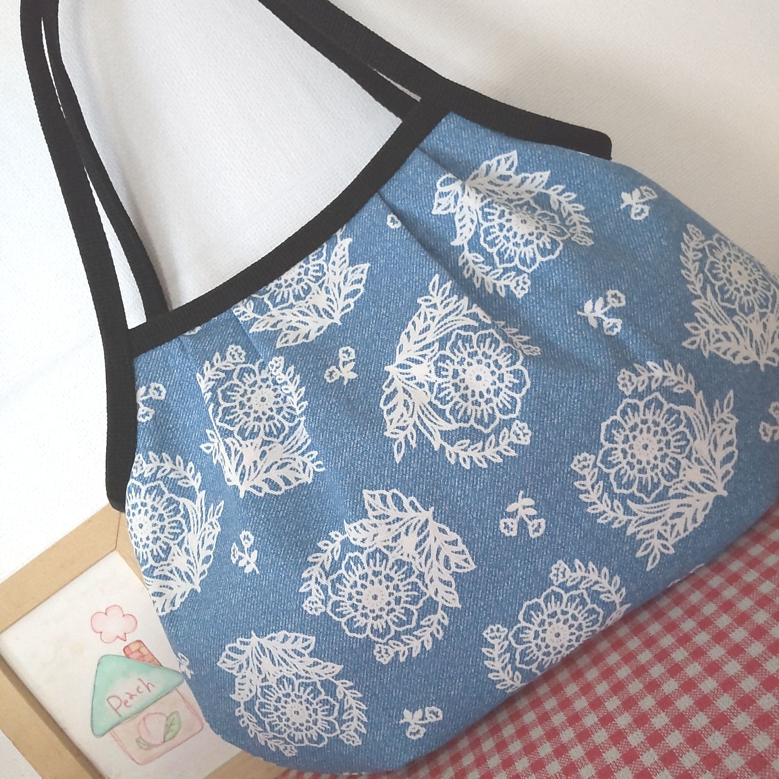 グラニーバッグ（デニム風プリント＊花柄＊ライトブルー） - メルカリ