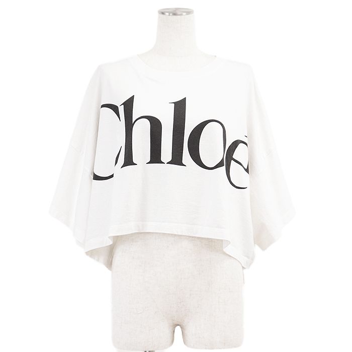 Chloe クロエ Tシャツ クロップド カットソー シグネチャー ビッグ ロゴ プリント リラックスフィット ショートスリーブ 半袖 コットン100％ トップス レディース サイズ M ホワイト ブラック 白 黒 イタリア製