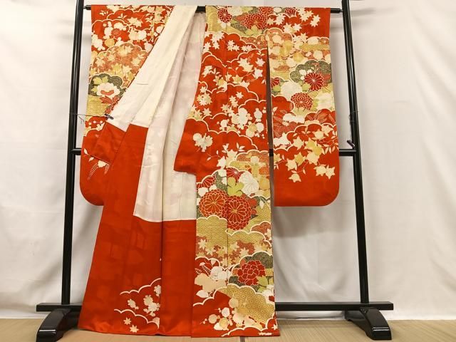 二尺 振袖 豪華花模様 金駒刺繍 着物 正絹 袷 広衿 RK-2520 振袖 着物 刺繍 金彩 赤 四季の花 古典柄 正絹 成人式 二十歳