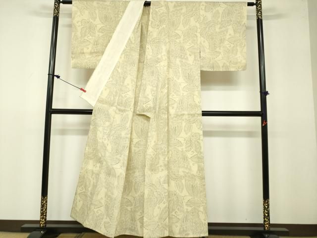 平和屋着物▽結城紬 単衣 80亀甲 舞蝶文 正絹 逸品 DAAV3002du