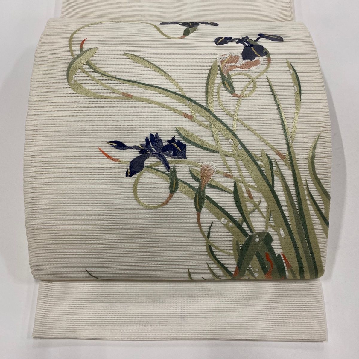袋帯 名品 夏帯 絽 菖蒲 刺繍 白 お太鼓柄 正絹 【】 【公式通販】