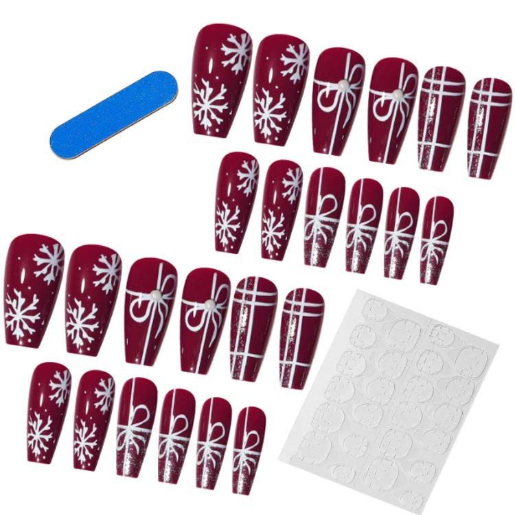 k ロングバレリーナネイルチップ ロングバレリーナ ネイルチップ 赤系 ワインレッド 24枚入り リボン 雪