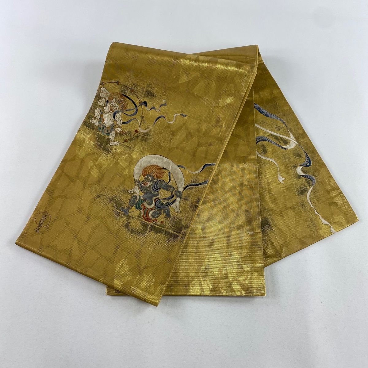 袋帯 名品 落款 風神雷神図 幾何学 金糸 本金箔 金色 お太鼓柄
