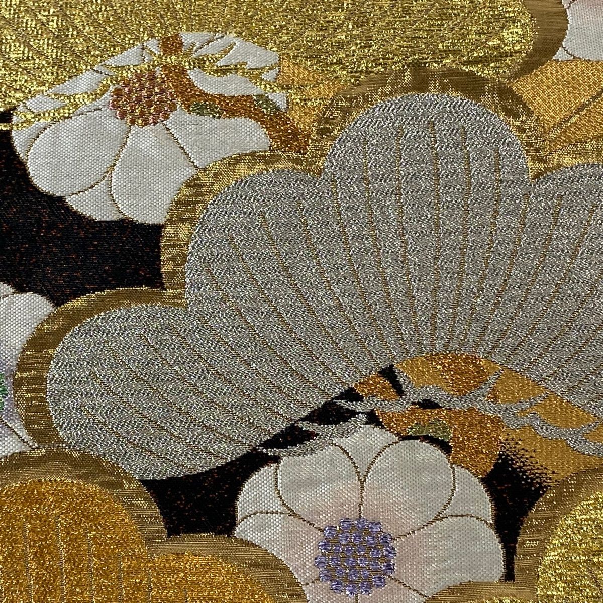 バイセル 着物 名品 袋帯 金色 鶴 草花 菊 波 金糸 箔 刺繍 六通 正絹 ☆☆☆☆ 袋帯 名品 青海波 唐松 金糸 箔 ベージュ 六通 正絹 中古
