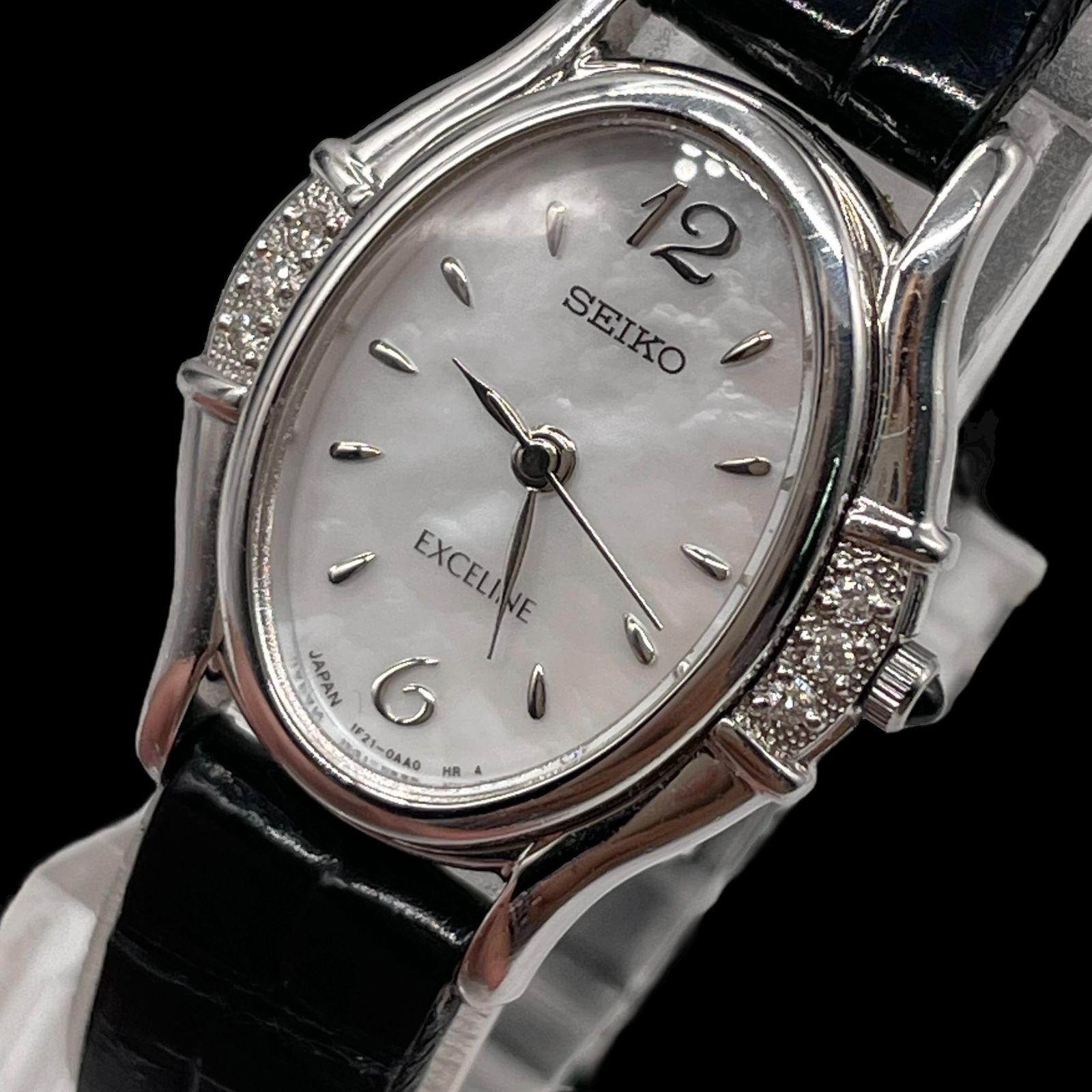 電池稼働品 SEIKO セイコー EXCELINE エクセリーヌ 1F21-5F50 6Pダイヤケース シェル文字盤 レザーベルト シルバー ブラック レディース腕時計 クオーツ