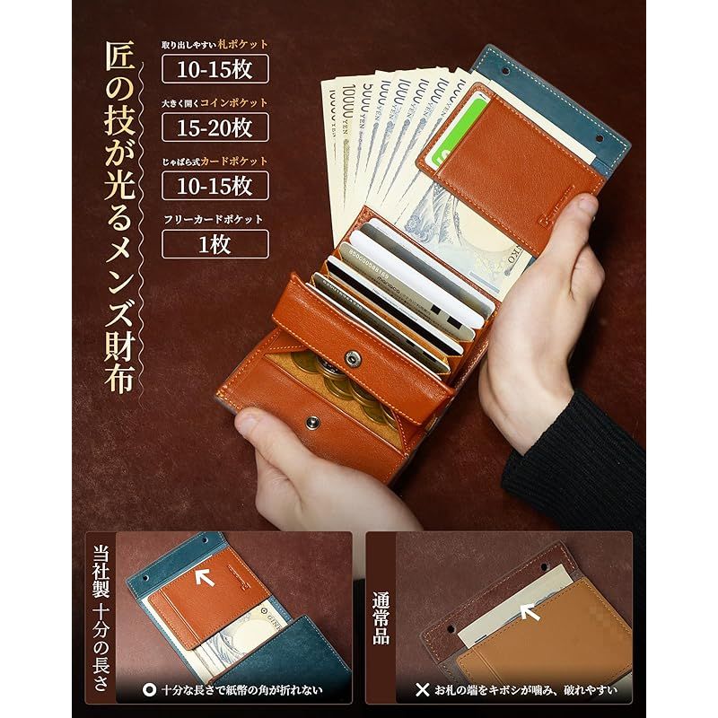 Kawaoto 財布 メンズ 2つ折り プエブロレザー 二つ折り財布 本革 大容量 コンパクト 小さい 箱型財布 左利き 右利き プレゼント 紳士用 人気 紺色