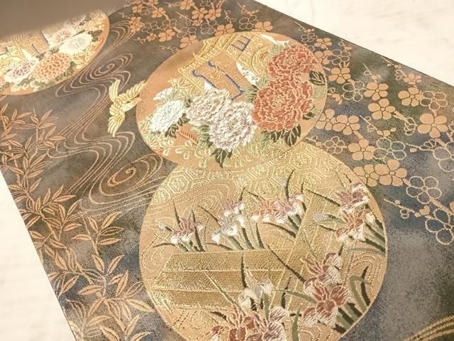 平和屋着物◎六通柄袋帯 唐織 御所車花鳥文 金糸 引箔 正絹 逸品