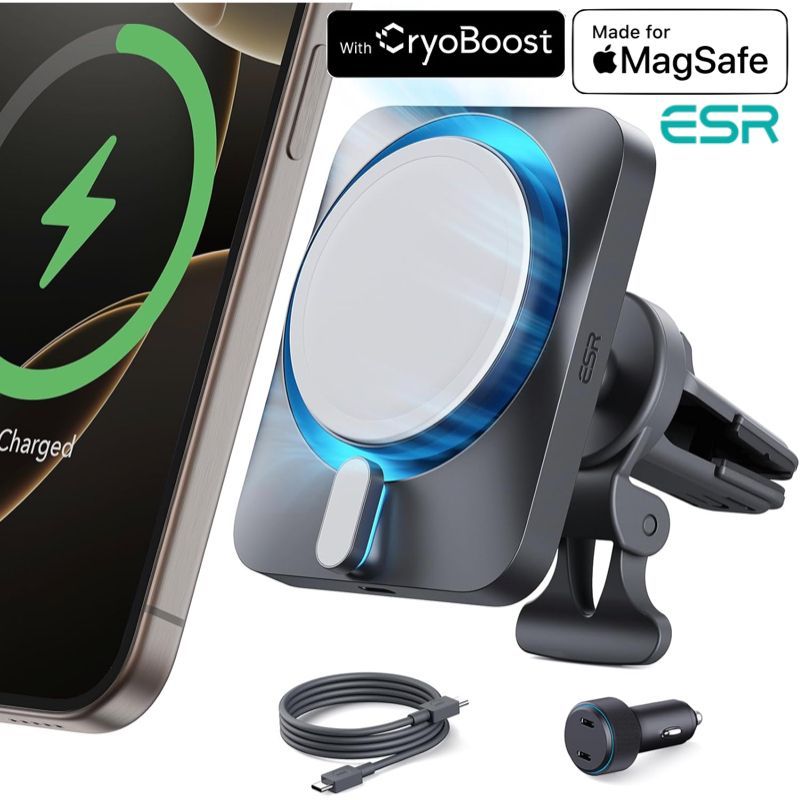 ESR 15W MagSafe車載充電器 CryoBoost付き MagSafe公認充電器 冷却ファン 磁気ワイヤレス車載ホルダー iPhone16|15|14|13|12シリーズ対応 シガーソケット
