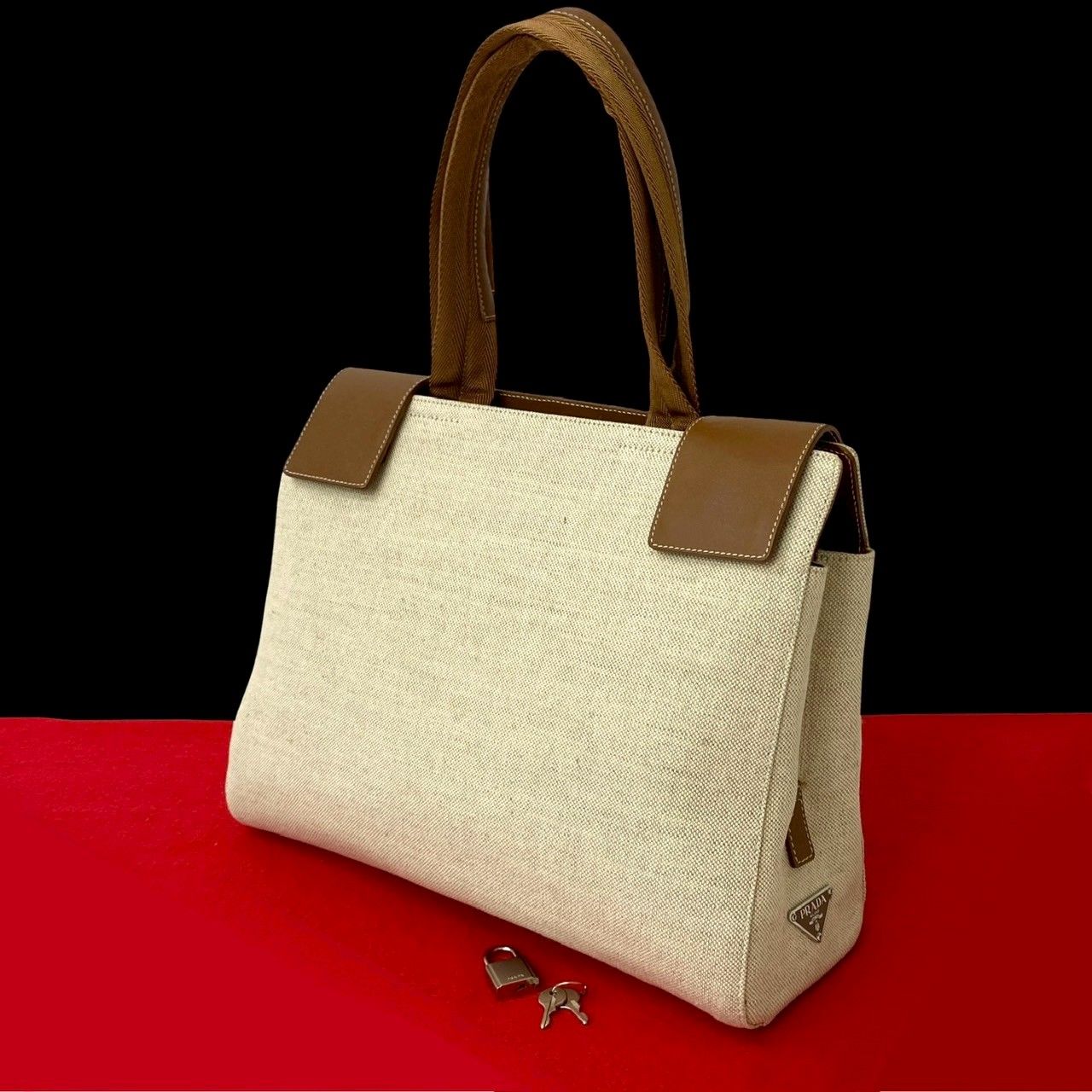 【超希少】PRADA 三角ロゴ トートバッグ ハンドバッグ キャンバス レザー 極 美品 希少品 PRADA プラダ 三角 ロゴ 金具 キャンバス レザー