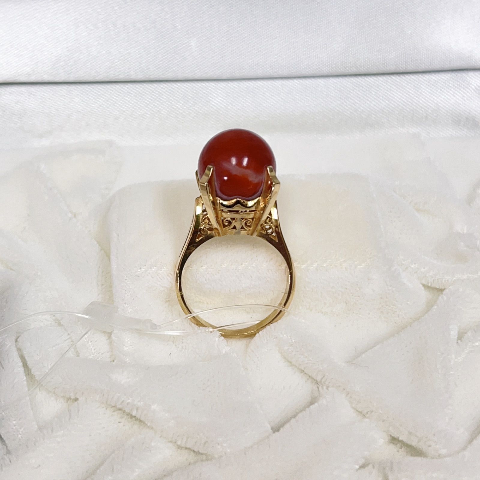 ☆美品☆指輪 リング 赤珊瑚 血珊瑚 刻印K18指輪10号 玉11.7mm 天然 無 