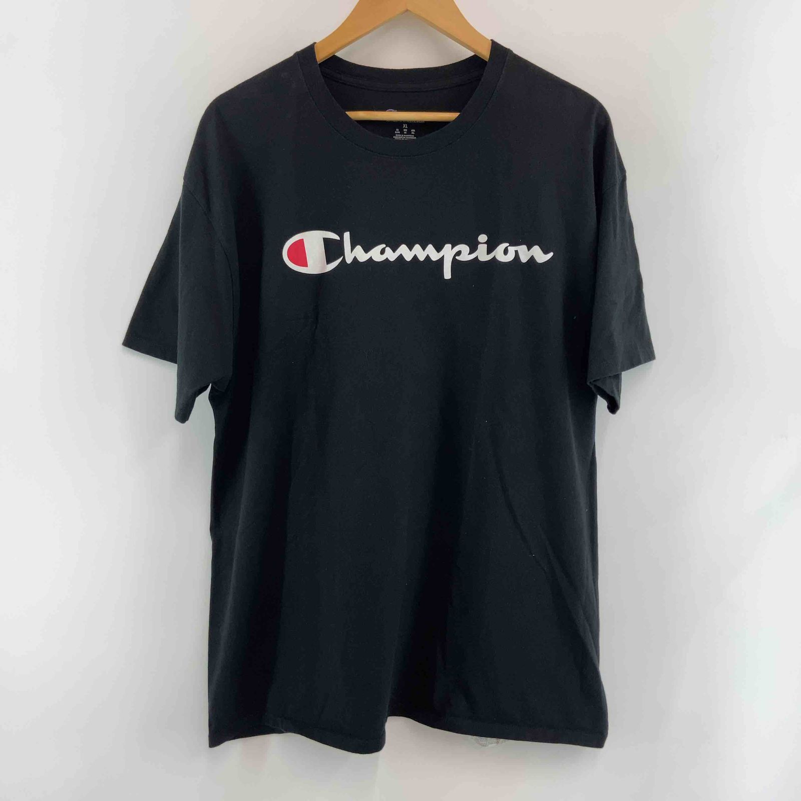 Champion ブラック プリントロゴ メンズ チャンピオン Tシャツ(半袖/袖