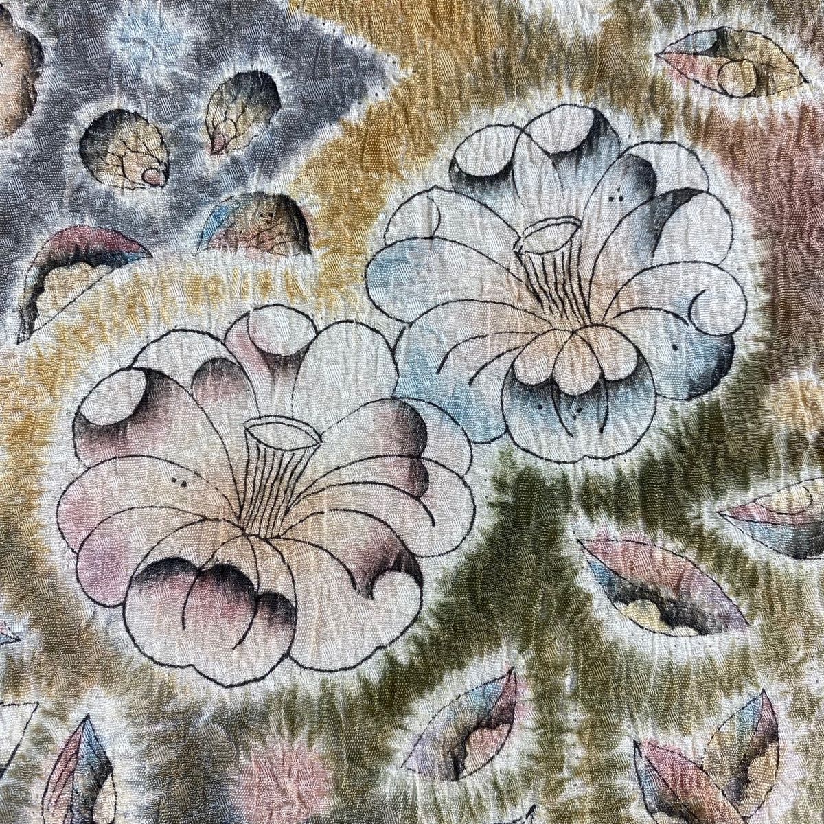 袋帯 秀品 辻が花柄 松皮菱 絞り ぼかし 薄茶色 お太鼓柄 正絹