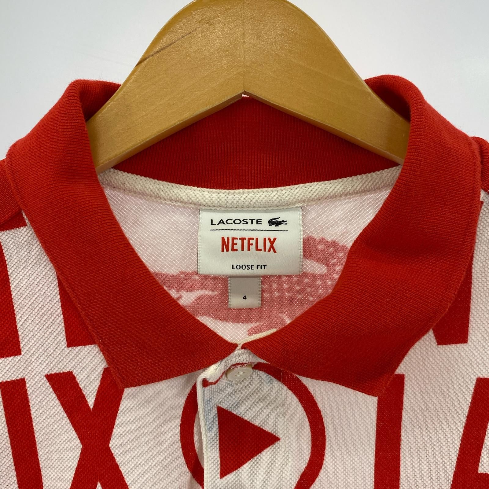 LACOSTE ラコステ ×NETFLIX 総柄ポロシャツ size4 レッド×オフホワイト