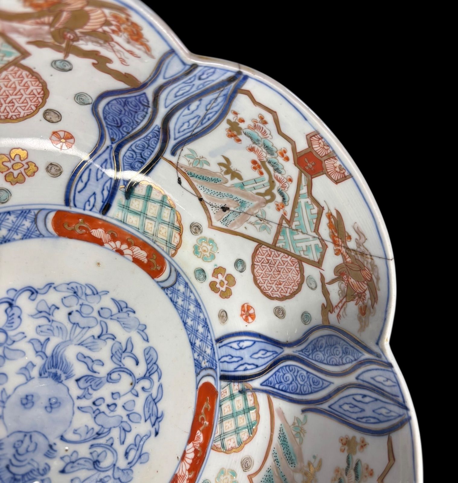 古伊万里 花形大鉢 [松竹梅草花文図] 福 錦手 金彩 色絵 鉢 取り