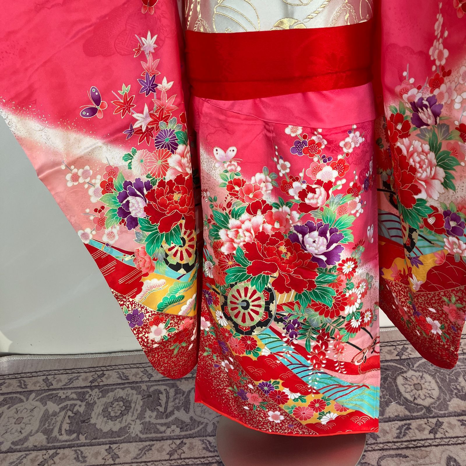 54 真紅×疋田絞り 7歳　七五三着物セット　和装小物　袋帯　帯揚げ　しごき 七五三 7歳女の子 着物 四つ身 ピンク 長襦袢 作り帯セット