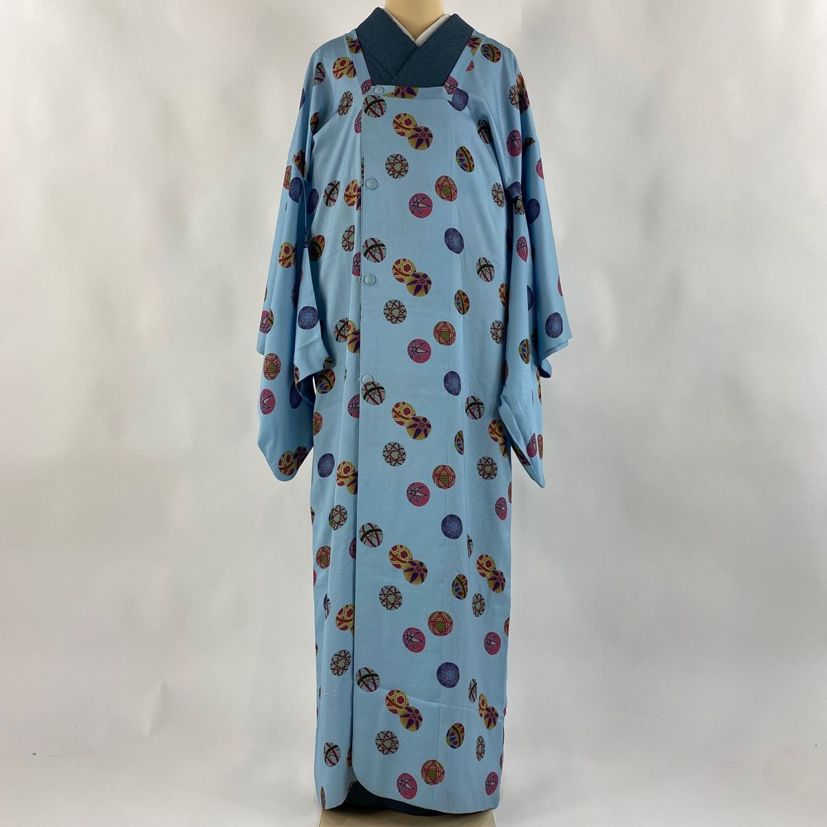 道行 身丈141.5cm 裄丈69cm L 和装コート 角衿 手鞠 地紋 水色 正絹 秀品