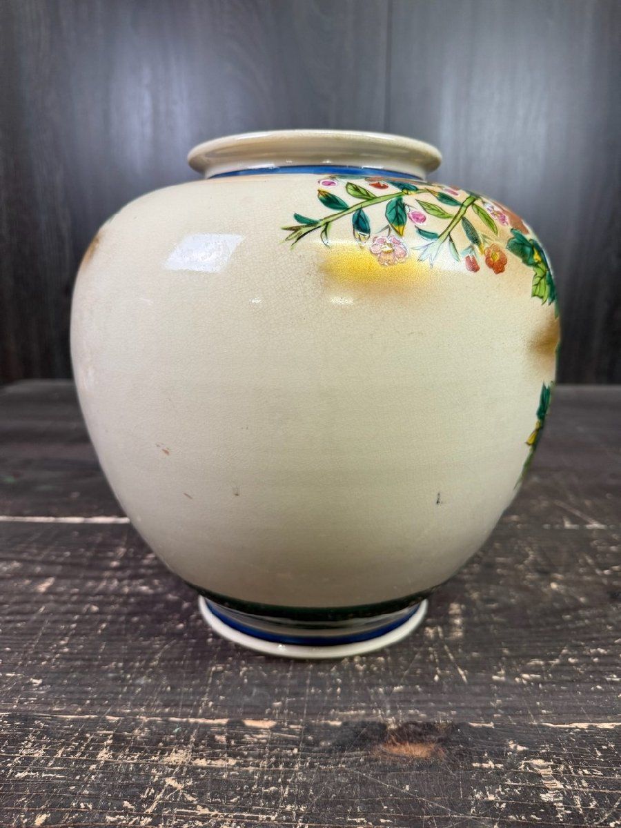 F1337 九谷坂山 九谷焼色絵金彩牡丹鳥図花瓶 骨董 花器 華道具 壺/M5