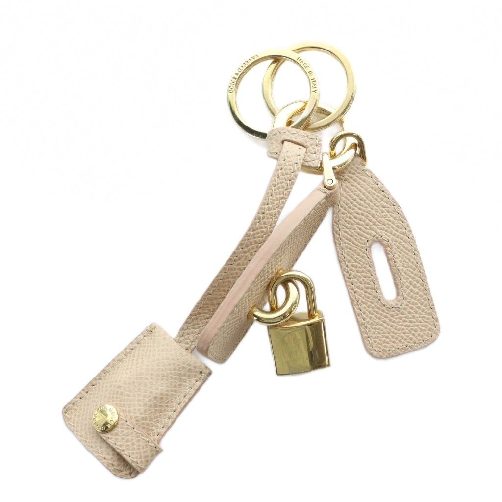 ドルチェ-ガッバーナ ドルガバ DOLCE-GABBANA キーリング チャーム ストラップ レザー ロゴ ゴールド金具 ベージュ GY11 |MQ