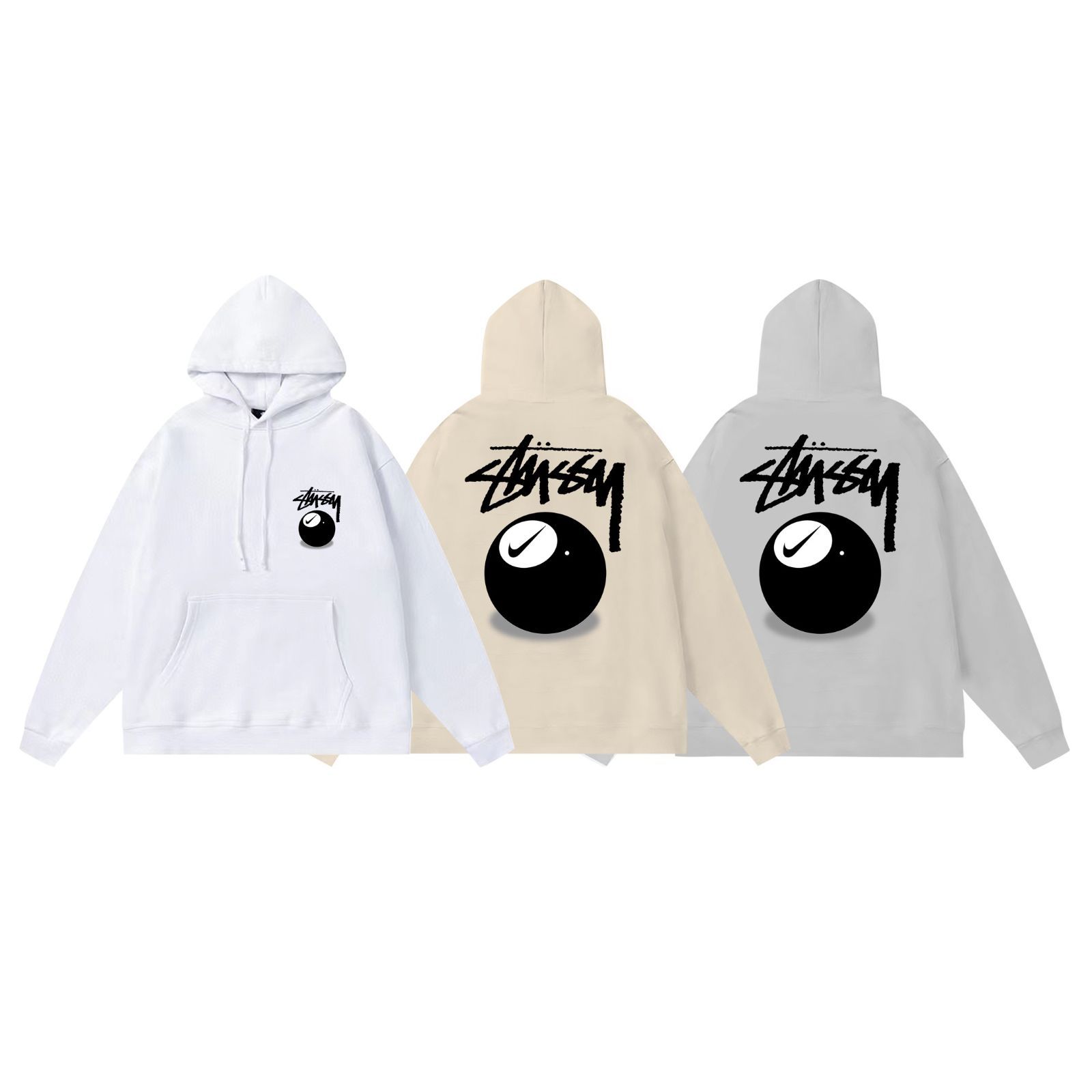 STUSSY ロゴブラックビリヤードプリントフーディ 男女兼用 ホワイト　グレー　ベージュ　3色