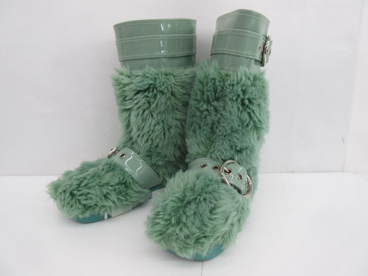 ミュウミュウ miumiu フェイクファー ブーツ 38 グリーン 緑 レディース