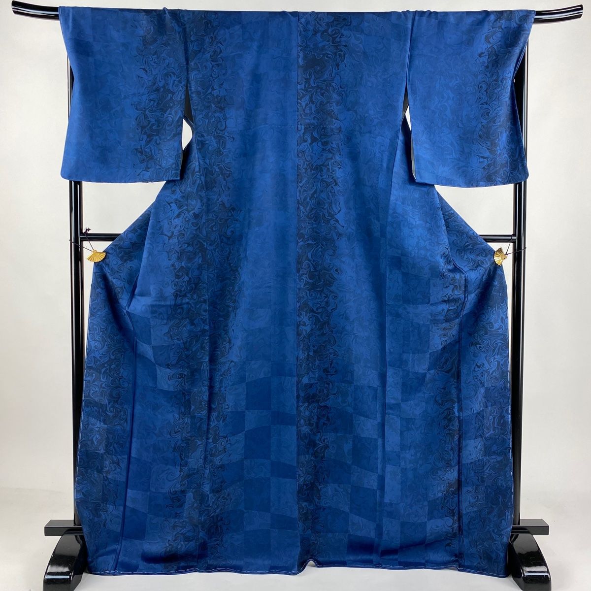 小紋 身丈172cm 裄丈70cm L 袷 証紙 墨流し 藍色 正絹 美品 逸品