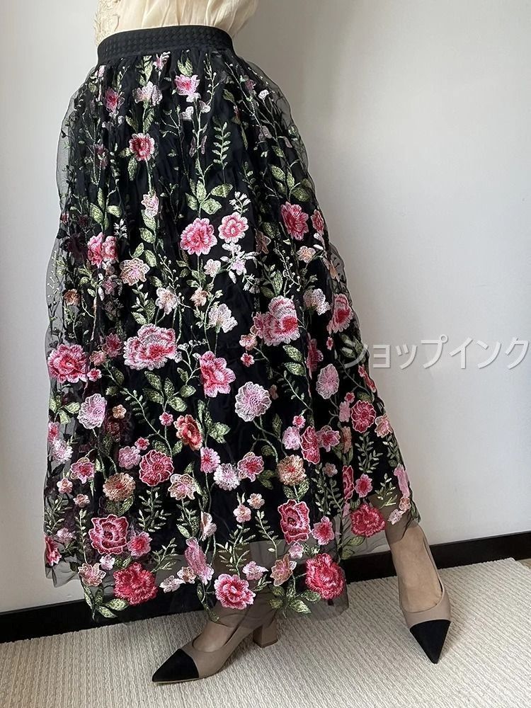 スカート ハイウエスト フローラル プリーツ チュールスカート 刺繍 花 黒 エレガント パーティーウェア 豪華 高品質