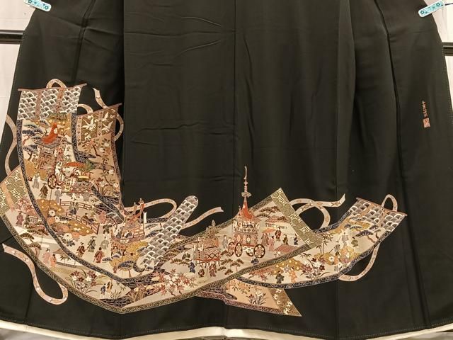 平和屋着物□豪華黒留袖 駒刺繍 舞蝶文 たたき染め 金彩 正絹