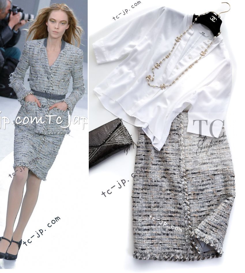シャネル スカート CHANEL サラ ジェシカ着 グレー マルチ ライオン ボタン カール ラガーフェルド ツイード ランウェイ 36