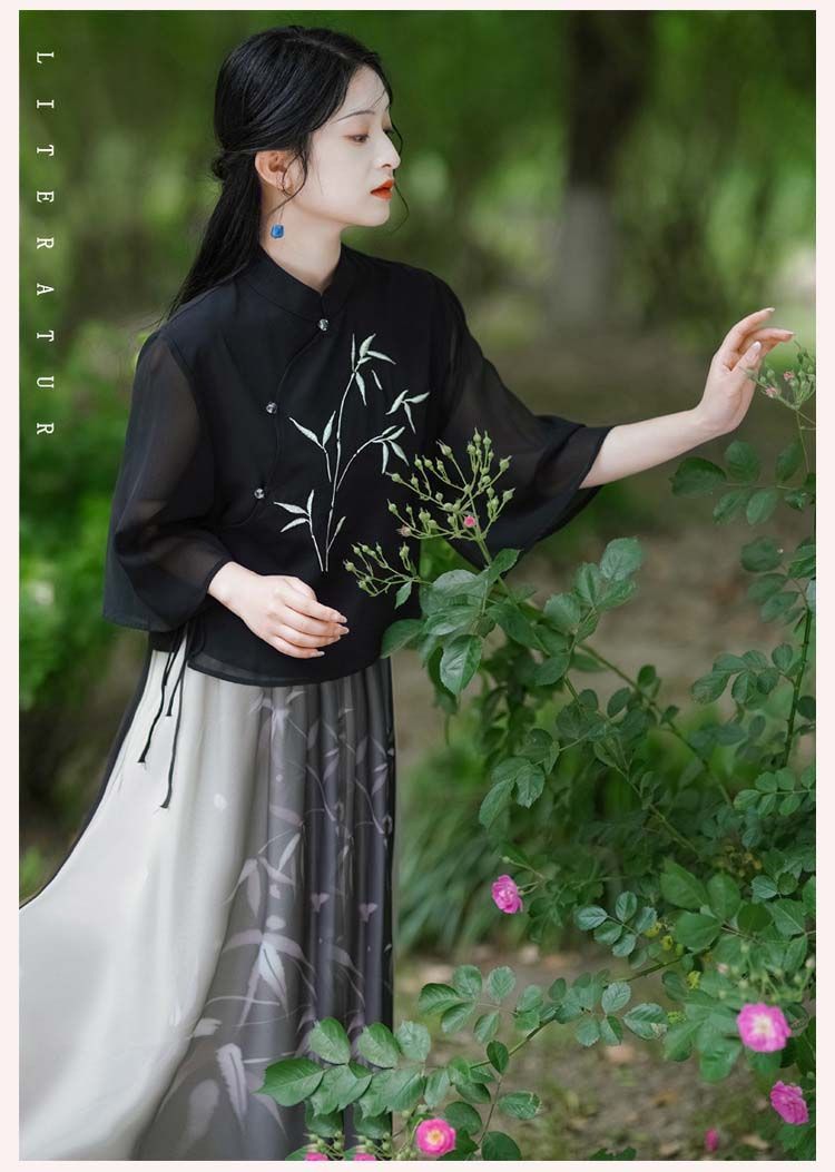 ナチュラルチャイナ服2点セット 黒系 水墨 改良漢服 チャイナドレス 中華服 セットアップ 竹 七分袖 チャイナブラウス ロング 水墨 グラデーション シフォンスカート 穏やか 大人 中国民族風 エスニック 中華ドレス 二胡 箏 演奏衣装 舞台衣装 撮影衣装