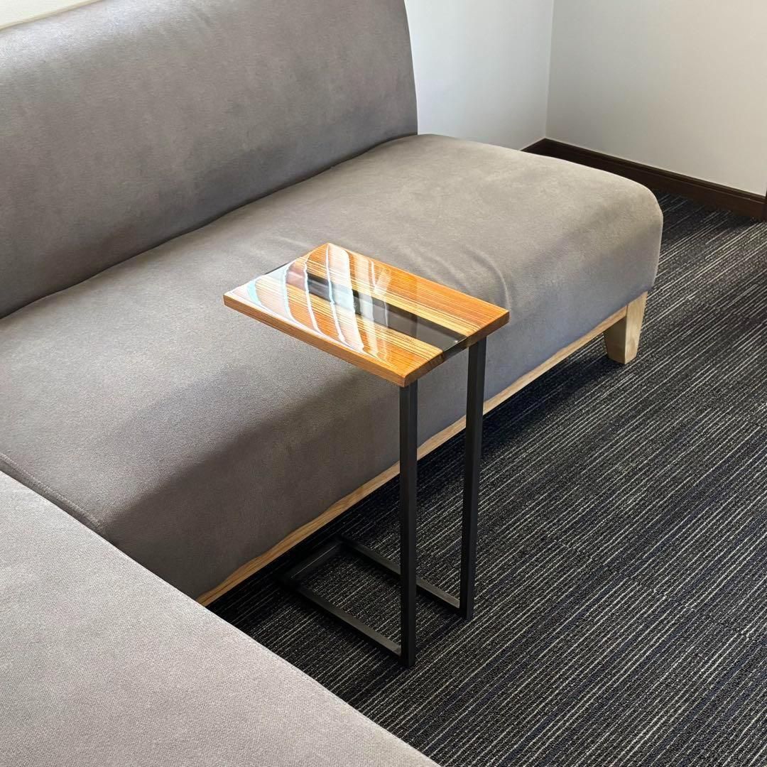 サイドテーブル 北欧風 アイアン 無垢材 木製 一枚板 コの字 アンティーク 欅 サイドテーブル 北欧風 アイアン 無垢材 木製 一枚板 コの字